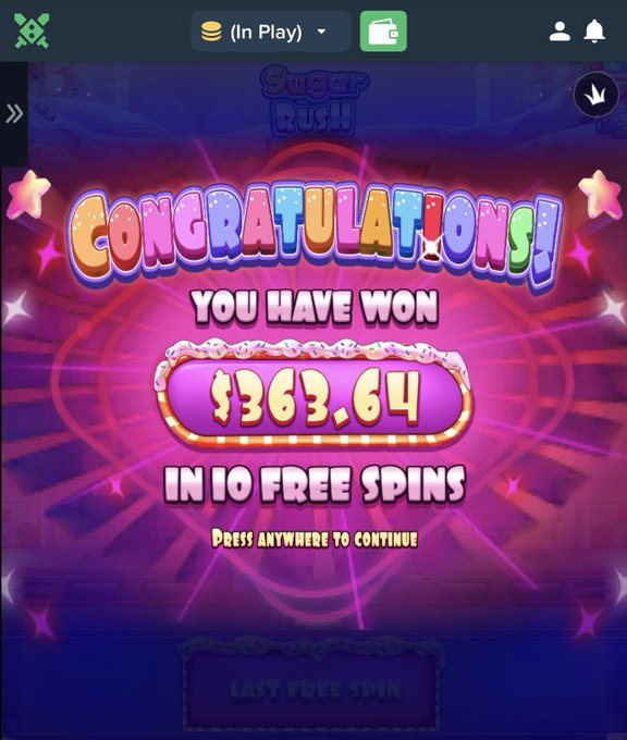 The image shows a colorful "Congratulations" win screen from the Sugar Rush slot game, displaying a prize of $363.64 won in 10 free spins. This visual corroborates the accompanying post's claim of turning $4.64 into over $360 on the Duelbits platform.