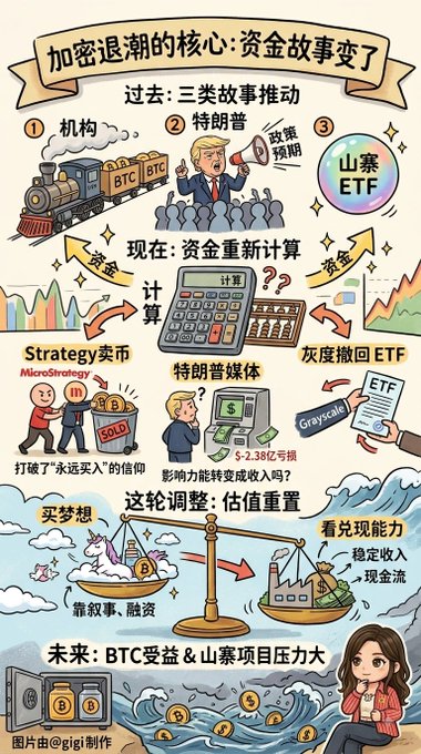 A Chinese-language infographic titled '加密退潮的核心:资金故事变了' (The core of crypto's retreat: the money story has changed) illustrates the shift from past narratives (institutions, Trump, Mt. Gox ETF) to current Strategy/MicroStrategy selling and Grayscale ETF withdrawals, signed '图片由@gigi制作'.