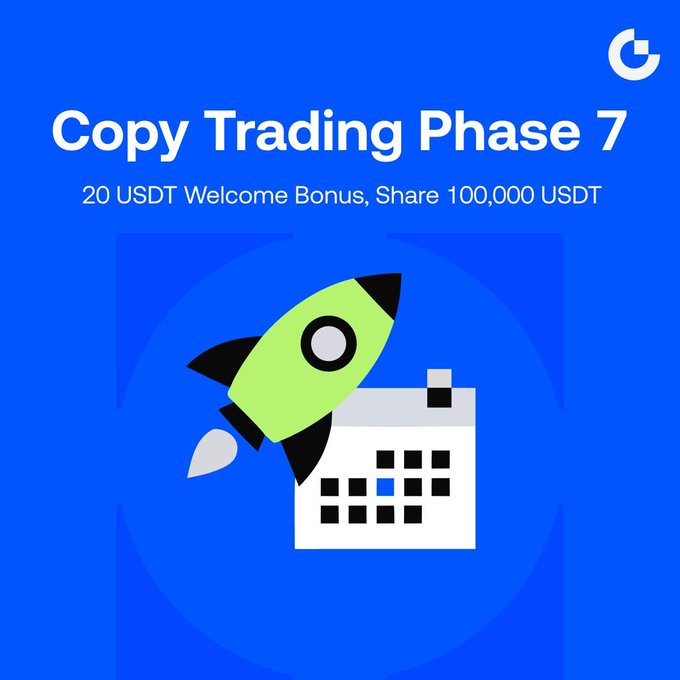 A promotional graphic for "Copy Trading Phase 7" featuring a green rocket launching from a calendar, advertising a 20 USDT welcome bonus and a shared 100,000 USDT prize pool, visually representing the launch of the new copy trading campaign with zero-cost entry incentives.