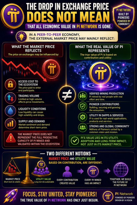The image is a dark-themed infographic from Pi Network stating "THE DROP IN EXCHANGE PRICE DOES NOT MEAN THAT ALL ECONOMIC VALUE IN PI NETWORK IS GONE," contrasting "What the Market Price Reflects" (access cost, trading volume, liquidity conditions, supply/demand) against "What the Real Value of Pi Represents" (verified mining production, pioneer contributions, utility in apps/services, and strong community), concluding with its slogan "FOCUS. STAY UNITED. STAY PIONEERS! THE TRUE VALUE OF PI NETWORK HAS ONLY JUST BEGUN."