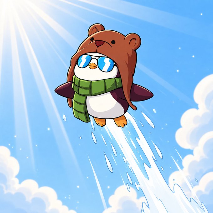 A cartoon penguin wearing a bear hat, sunglasses, and a green scarf, rocketing into the sky with a water jet trail against a bright blue background.