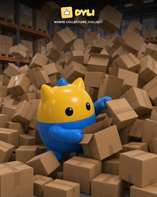 A blue and yellow cat-like mascot stands among a massive pile of cardboard boxes in a warehouse, with the logo 'OYLI' and the tagline 'WHERE COLLECTORS, COLLECT' displayed at the top.