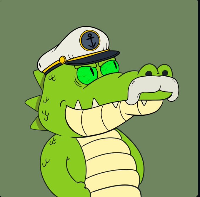 This image shows a cartoon character of an alligator wearing a sailor hat with an anchor emblem, suggesting a nautical or sea-faring theme. There seems to be no direct textual reference to cryptocurrencies or NFTs within the image itself; however, the accompanying post mentions "$XRP" and "#nfts," which could imply that this character is being used as a mascot or symbol in relation to a cryptocurrency, possibly XRP, and its associated NFTs.