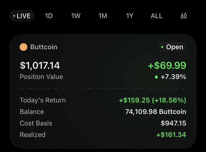 Trading portfolio screen showing a Buttcoin position with a value of $1,017.14 and a +$69.99 (+7.39%) gain, including a cost basis of $947.15.