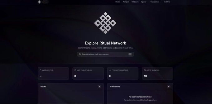 A screenshot of a blockchain explorer website titled "Explore Ritual Network" with search functionality, showing zero pending transactions and statistics for blocks, validators, and active wallets.