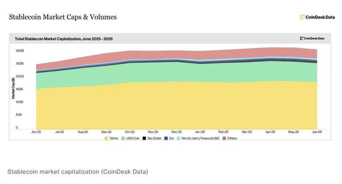 A stacked area chart titled "Total Stablecoin Market Capitalization, June 2025 - June 2026" from CoinDesk Data shows market caps ranging from $0 to $300B, with Tether dominating the largest share in yellow, followed by USD Coin, Sky Dollar, Dai, World Liberty Financial (USD), and Others. The visualization supports the article's claim that the stablecoin market shrank by $7.7 billion in June, illustrating the declining market cap trajectory across major stablecoins including USDT and USDC.