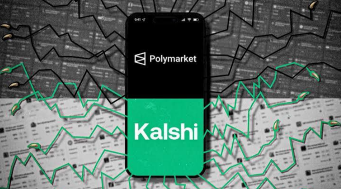 A smartphone displaying the Polymarket and Kalshi prediction market logos, set against a background of stock market charts and scattered coffee beans.