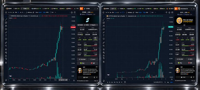 Two side-by-side trading platform interfaces display candlestick charts of cryptocurrency price movements, showing significant upward trends and trading data.