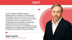 The image features an advertisement for Avalanche Treasury Co., which is a company that deploys capital into businesses building on @avax. The ad includes a photo of a man wearing a suit, standing against a red background with white text. Below him, there's a quote from a person named Bart Smith, who is the CEO of Avalanche Treasury Co. The quote reads: "If you just..." This quote suggests that the company focuses on investing in businesses and projects that have a strong foundation or are poised for growth.