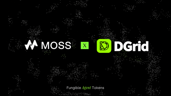 The image displays a partnership graphic featuring the logos "MOSS" and "DGrid" separated by an "X" on a black background with scattered white particles, captioned "Fungible Agent Tokens" in green and white text at the bottom. It visually represents the collaboration between MOSS and DGrid, where MOSS brings transparency to onchain agent assets while DGrid contributes decentralized AI model access and smart routing, together supporting builders in the agent ecosystem.