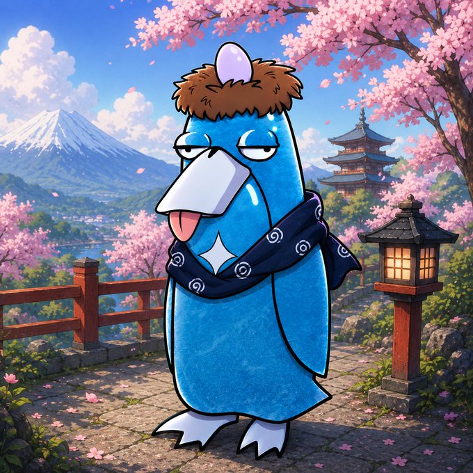 An anime-style illustration of a blue penguin-like character with a brown furry hat and dark blue scarf, standing in front of Mount Fuji with cherry blossoms and a traditional Japanese pagoda in the background.