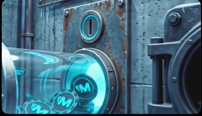 A 3D digital rendering of a metallic vault or safe with a glowing blue circular slot and a transparent tube filled with glowing blue liquid and 'IM' branded tokens.