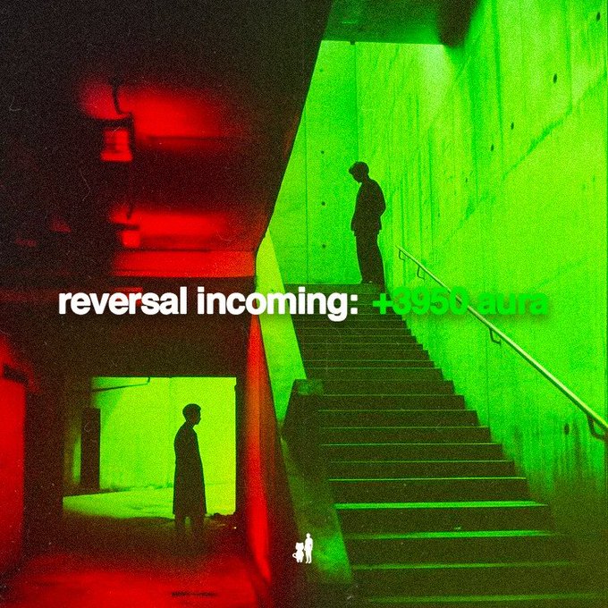 A stylized, atmospheric image with red and green lighting showing silhouettes of people on a staircase, overlaid with the text "reversal incoming: +8950 aura" and a small logo.