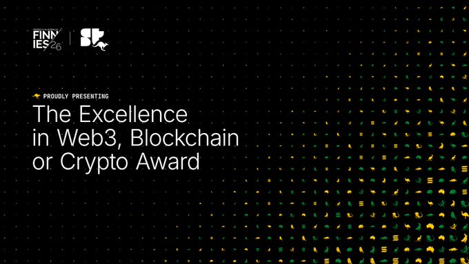The image features a poster for an event called "The Excellence in Web3, Blockchain or Crypto Award", which appears to be a competition or award ceremony related to blockchain technology. The poster displays various logos and text elements that provide information about the event. One of the logos is for a company named "Solana". Another logo on the poster indicates that the event is being presented by the FinNies, as indicated by the text "Finnies present". Additionally, there are several other logos and text elements related to the web3 or blockchain space, suggesting that this event may be focused on celebrating achievements in these areas.
