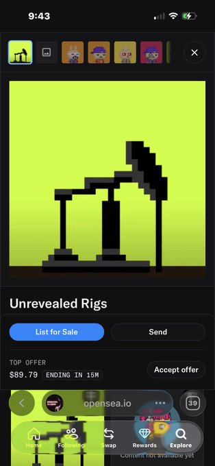 A mobile screenshot from opensea.io showing an NFT collection with a pixelated black rig icon on a green background, under the title 'Unrevealed Rigs'.