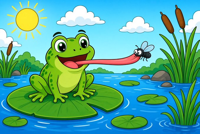 A cartoon illustration shows a happy frog sitting on a lily pad, catching a fly with its long red tongue extended across a pond.
