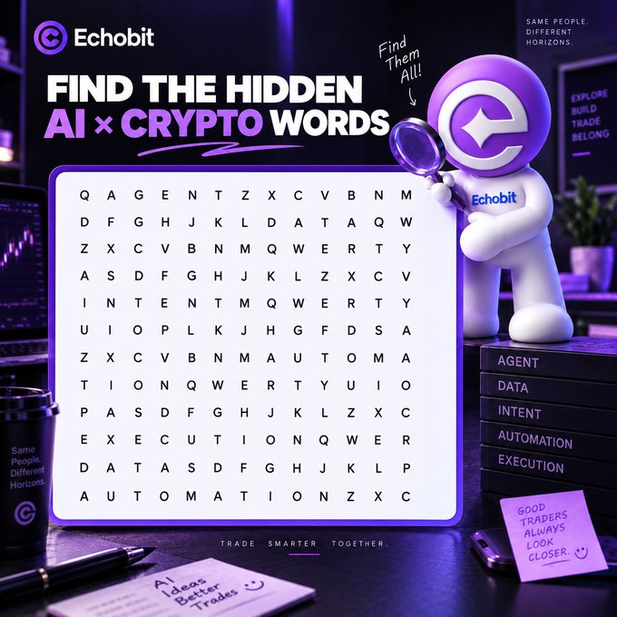 The image is a promotional word search puzzle by Echobit featuring a purple mascot holding a magnifying glass next to a letter grid where players must find hidden AI and crypto-related words (AGENT, DATA, INTENT, AUTOMATION, EXECUTION listed on stacked blocks), with the challenge offering a 30 USDT bonus split among 3 lucky finders who complete the entry requirements between September 8-14.