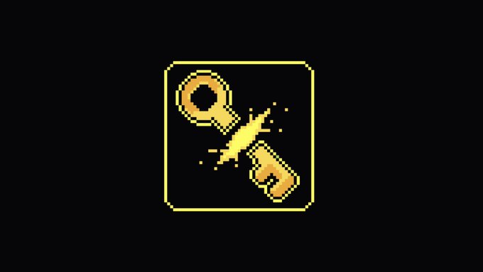 A pixel-art style icon on a black background depicts a golden key breaking through a yellow border with small pixel fragments scattering around it. The imagery of a key splitting free from its frame visually reinforces the post's message about "the key to a happy life (on Solana)" being freedom.