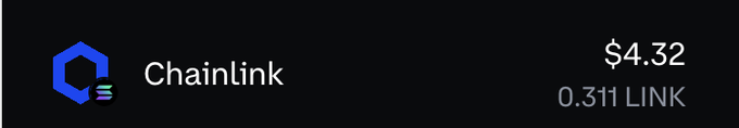 **A dark screen displays the Chainlink cryptocurrency logo alongside the text "Chainlink", "$4.32", and a balance of "0.311 LINK".