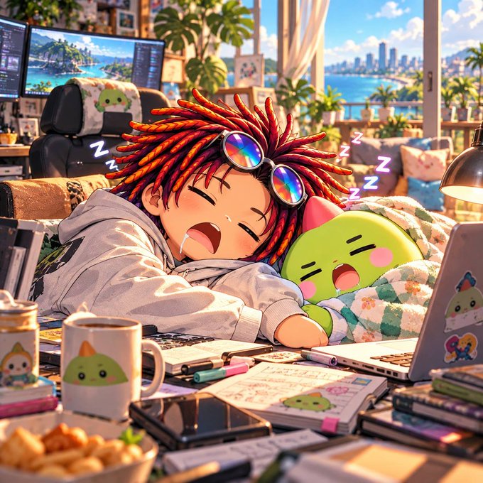 Anime-style illustration of a child with red dreadlocks and rainbow sunglasses sleeping on a desk next to a green plush toy, surrounded by laptops, mugs, and papers with 'Z's indicating sleep.