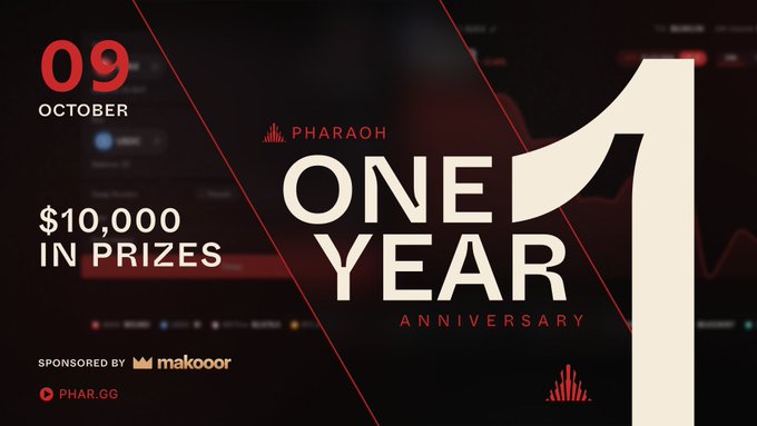 A promotional graphic for the Pharaoh One Year Anniversary event on October 9th, offering $10,000 in prizes, sponsored by Makoor, with a red and black color scheme.