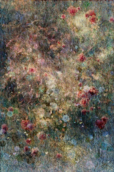 A textured, impressionistic painting of a garden filled with soft, blurry red, pink, and yellow flowers among green foliage.