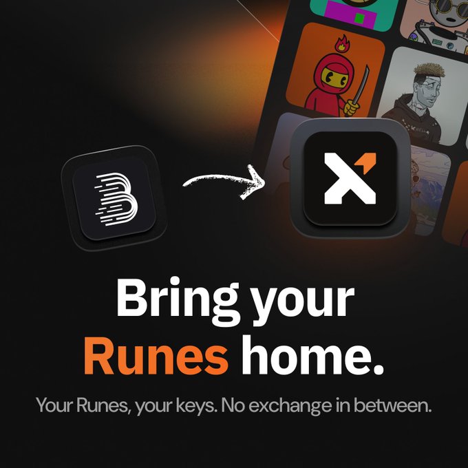 A promotional graphic with the text 'Bring your Runes home. Your Runes, your keys. No exchange in between,' showing an arrow pointing from a 'B' logo app to an 'X' logo app.