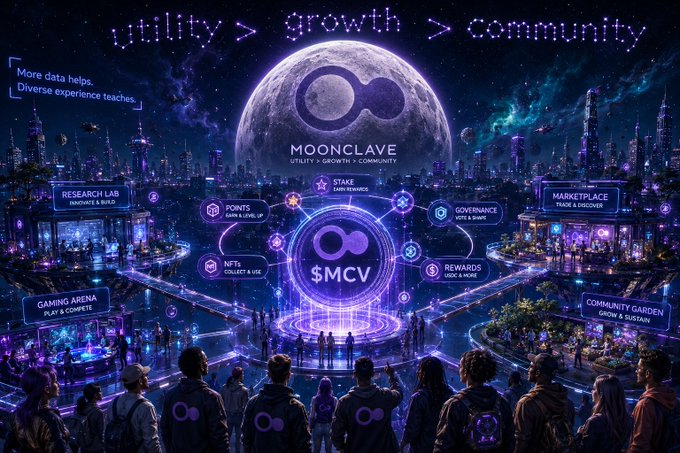 A futuristic digital promotional image for 'MOONCLAVE' featuring a glowing purple token ($MCV) with the tagline 'utility > growth > community' and features like Points, NFTs, Governance, Rewards, Research Lab, Marketplace, Gaming Arena, and Community Garden.