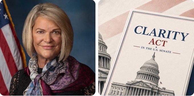 A split image showing a portrait of a female politician next to a document titled 'CLARITY ACT IN THE U.S. SENATE' with the Capitol building.