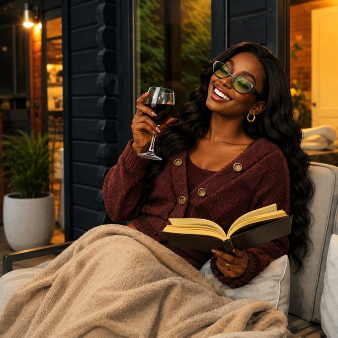 A smiling woman with long dark hair wearing green-tinted sunglasses and a maroon cardigan sits outdoors with a blanket, holding a glass of red wine and an open book.