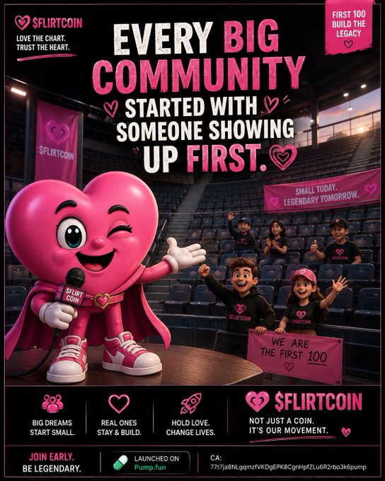 Promotional graphic for '$FLIRTCOIN' featuring a winking pink heart mascot holding a microphone, with text 'EVERY BIG COMMUNITY STARTED WITH SOMEONE SHOWING UP FIRST' and 'LAUNCHED ON Pump.fun' showing a contract address.