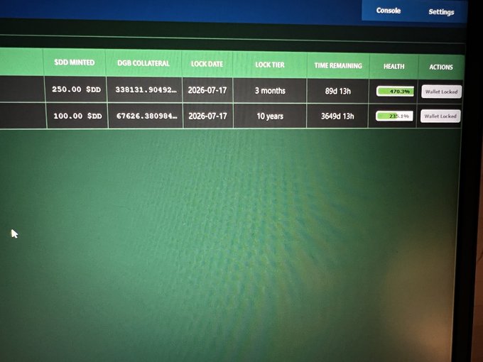 A screenshot of a console showing wallet lock data with columns for $DD Minted, DGB Collateral, Lock Date (2026-07-17), Lock Tier (3 months / 10 years), Time Remaining, and Health percentages, with both wallets marked as 'Wallet Locked'.