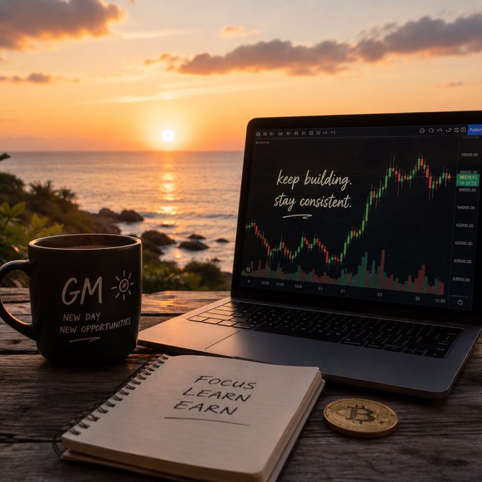 A motivational setup featuring a laptop displaying a trading chart with 'keep building. stay consistent.' text, next to a 'GM - NEW DAY NEW OPPORTUNITIES' mug, a 'FOCUS LEARN EARN' notebook, and a Bitcoin coin, set against a scenic ocean sunset.