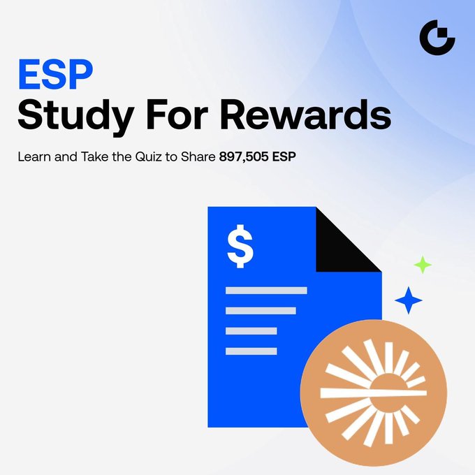 A promotional graphic for the "ESP Study For Rewards" campaign, featuring a blue document icon with a dollar sign and a bronze Espresso (ESP) token logo, advertising 897,505 ESP in rewards for completing a learning quiz. The bold "ESP Study For Rewards" header and "Learn and Take the Quiz to Share 897,505 ESP" subtitle directly reinforce the campaign's call to action highlighted in the post.