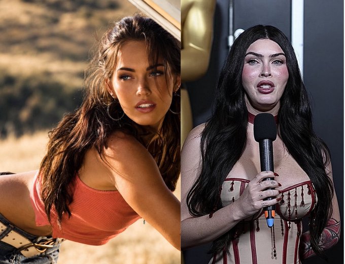 A side-by-side comparison shows a healthy, natural-looking woman on the left alongside a heavily filtered version of what appears to be the same woman on the right, featuring exaggerated features, pale skin, dark hair, and blood-like dripping makeup. The image humorously illustrates the "Bitcoin last week vs. Bitcoin today" theme by using an exaggerated, distorted version as a visual metaphor for Bitcoin's recent dramatic crash or dramatic transformation in appearance.