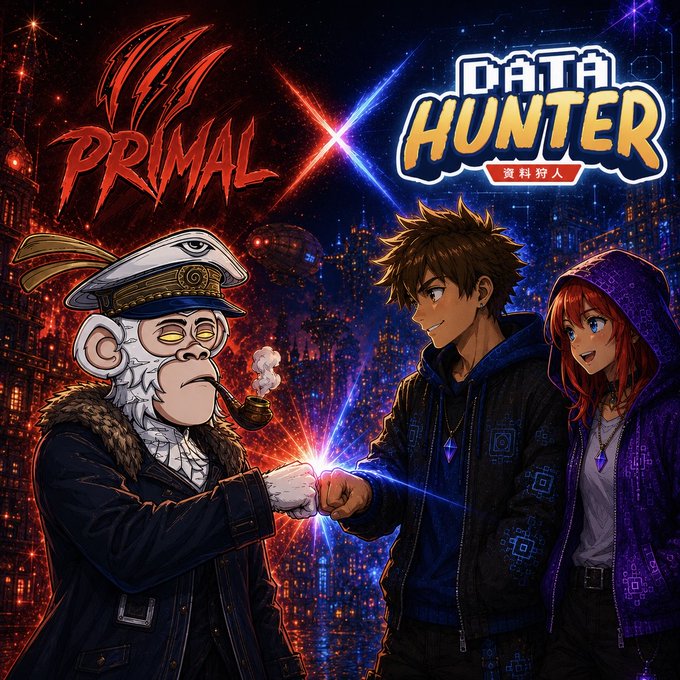 A promotional banner for the "PRIMAL" × "DATA HUNTER" (資料猎人) collaboration, featuring an animated monkey captain in naval attire and a smoking pipe fist-bumping a spiky-haired anime character against a vibrant red-and-blue neon cityscape, with the partnership text showing alongside the post announcing the new collaboration between @PrimalsNFTx and @datahuntersol.