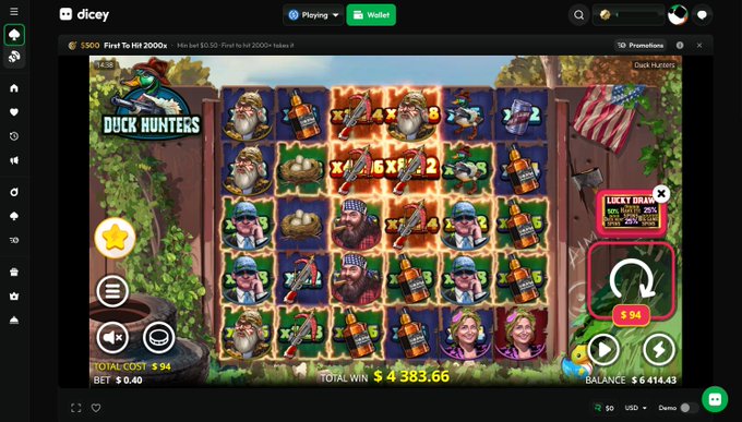 A screenshot of the 'dicey' online casino platform shows a 'Duck Hunters' slot game in progress with a total win of $4,383.66 and a spin cost of $0.94.