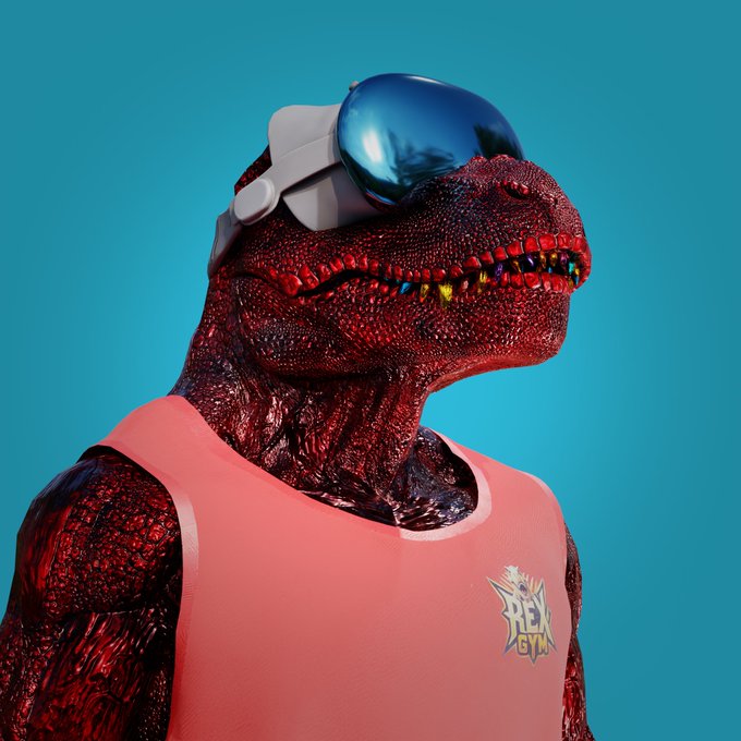 A close-up 3D render of a red, scaly dinosaur character wearing reflective goggles and a salmon-colored tank top with 'REX GYM' logo against a teal background.