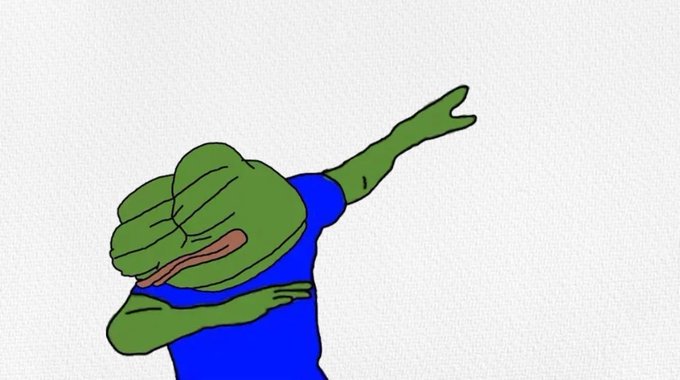 A crudely drawn green Pepe the Frog in a blue shirt dabs with one arm while covering his face with his other hand, humorously illustrating the poster's sarcastic reference to experiencing their "porty ATH" (portfolio all-time high) every day in crypto.