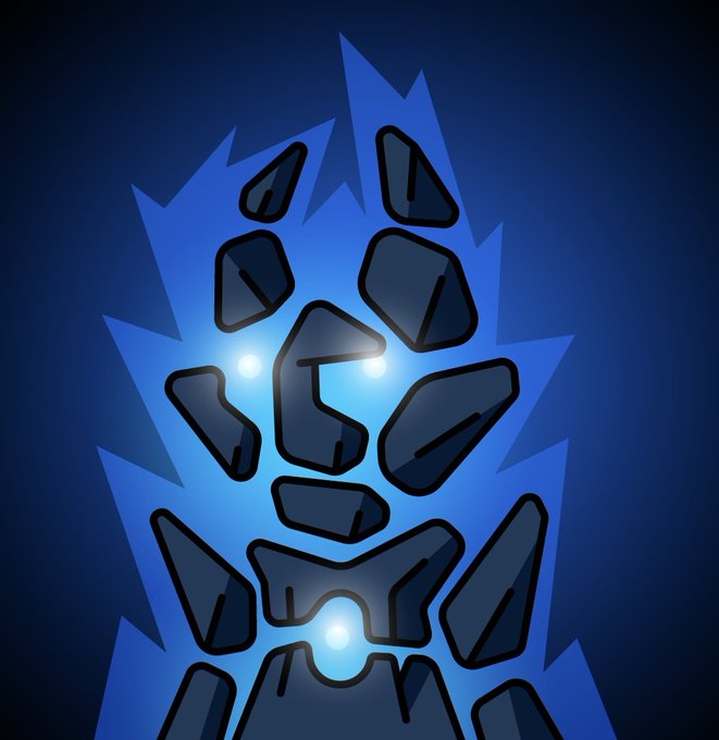 A stylized glowing blue crystalline figure or character illustration with bright luminous eyes against a dark background.