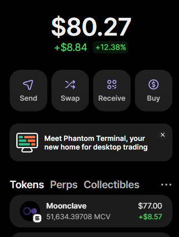 A Phantom wallet interface showing a balance of $80.27, with options for Send, Swap, Receive, and Buy, along with token listings like Moonclave.