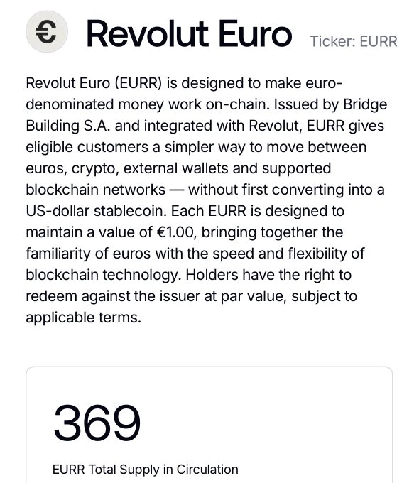 A Revolut Euro (EURR) information card shows a low circulating supply of just 369 tokens, illustrating the post's bewilderment at how such a new euro stablecoin could have such a minimal amount in circulation.