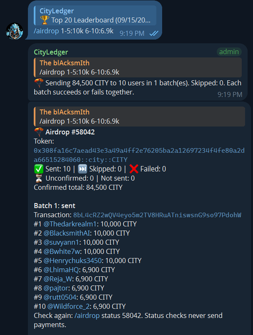 A Discord chat screenshot showing a 'CityLedger' bot announcing an airdrop of 84,500 CITY tokens to 10 users, with transaction details and wallet addresses visible.