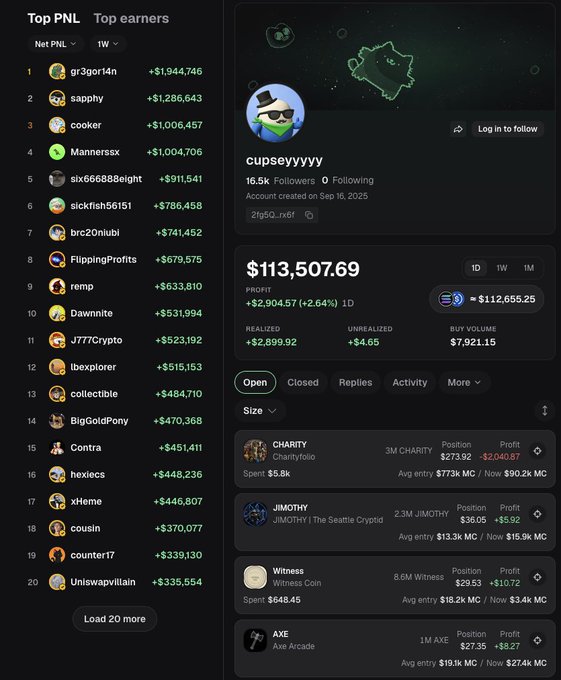 A screenshot of a crypto trading platform showing a 'Top earners' leaderboard with 'cupseyyyyyyy' at the top, displaying a profit of $113,507.69 (+2.64%) and holdings in CHARITY, JIMOTHY, Witness, and AXE.