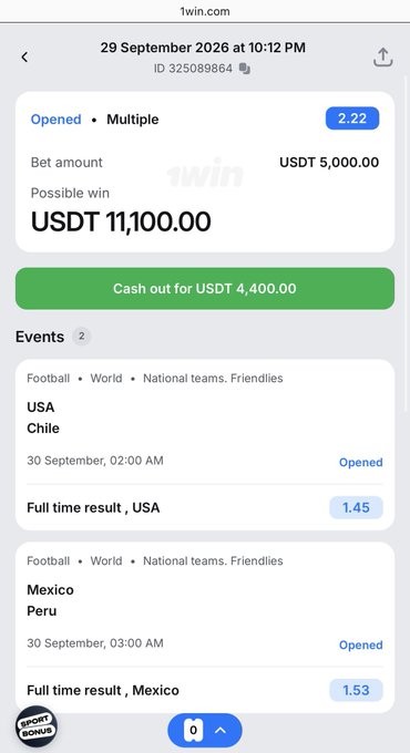 A 1win.com sports betting interface showing an open multiple bet of USDT 5,000.00 with a possible win of USDT 11,100.00, featuring a cash out option of USDT 4,400.00 for a USA vs Chile match (odds 1.45) and Mexico vs Peru match (odds 1.53).