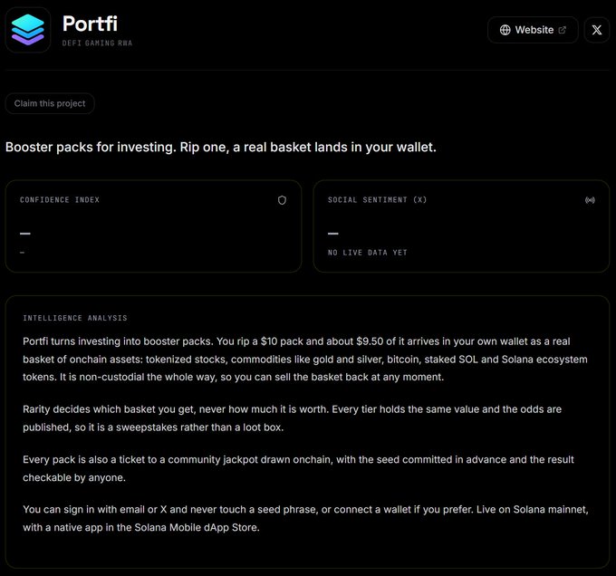 A product page for Portfii ("DEFI GAMING RWA") explaining their concept of turning investing into $10 booster packs that contain real baskets of tokenized stocks, commodities, bitcoin, and other crypto assets on Solana.