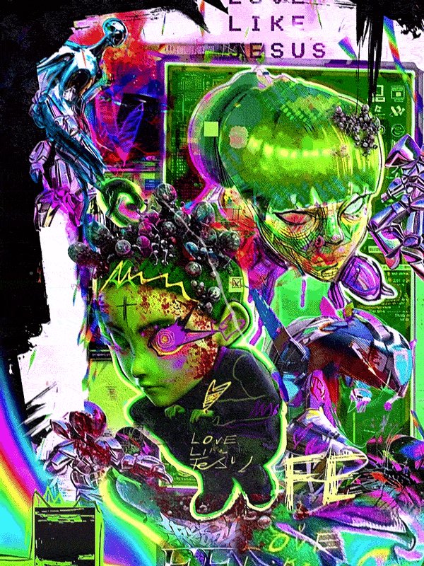 The image features a colorful poster with two cartoon faces, one green and one purple, surrounded by various elements such as flowers, a rainbow, and graffiti art. The text "love like Jesus" can be seen at the top of the poster, while the words "cyber-fe" are written below it. The post is tagged with "@mederu_art mederu.art/user/tz1irBcex". The focus on these elements and their relationship to the image suggests that they might be related to a digital art project or an artistic expression, possibly inspired by the concept of love and Jesus.