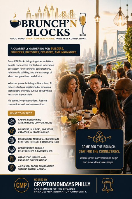 A promotional flyer for 'BRUNCH'N BLOCKS', a quarterly gathering for builders, founders, investors, creators, and innovators, hosted by CryptoMondays Philly and members of the broader Philadelphia innovation community.