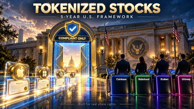 A promotional graphic titled 'TOKENIZED STOCKS 5-YEAR U.S. FRAMEWORK,' showing silhouettes of people at Coinbase, Robinhood, Kraken, and Uniswap terminals in front of U.S. government buildings and tokenized stock certificates, labeled 'COMPLIANT ONLY.'