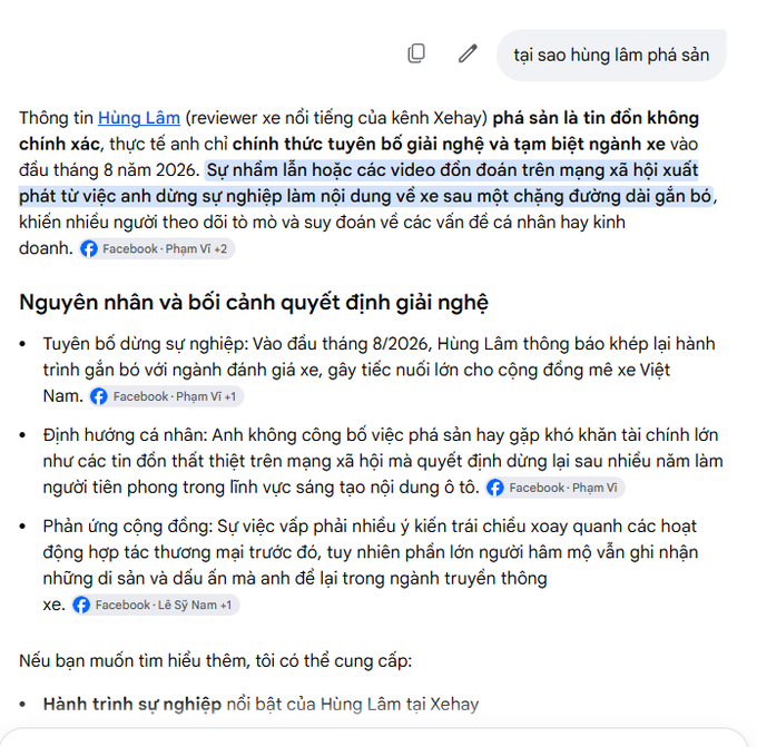 A Vietnamese text response addressing the question 'tại sao hùng lâm phá sản' (why did Hung Lam go bankrupt), clarifying that the information about Hùng Lâm, a famous car reviewer of the Xehay channel, going bankrupt is inaccurate; he officially announced his retirement in August 2026.